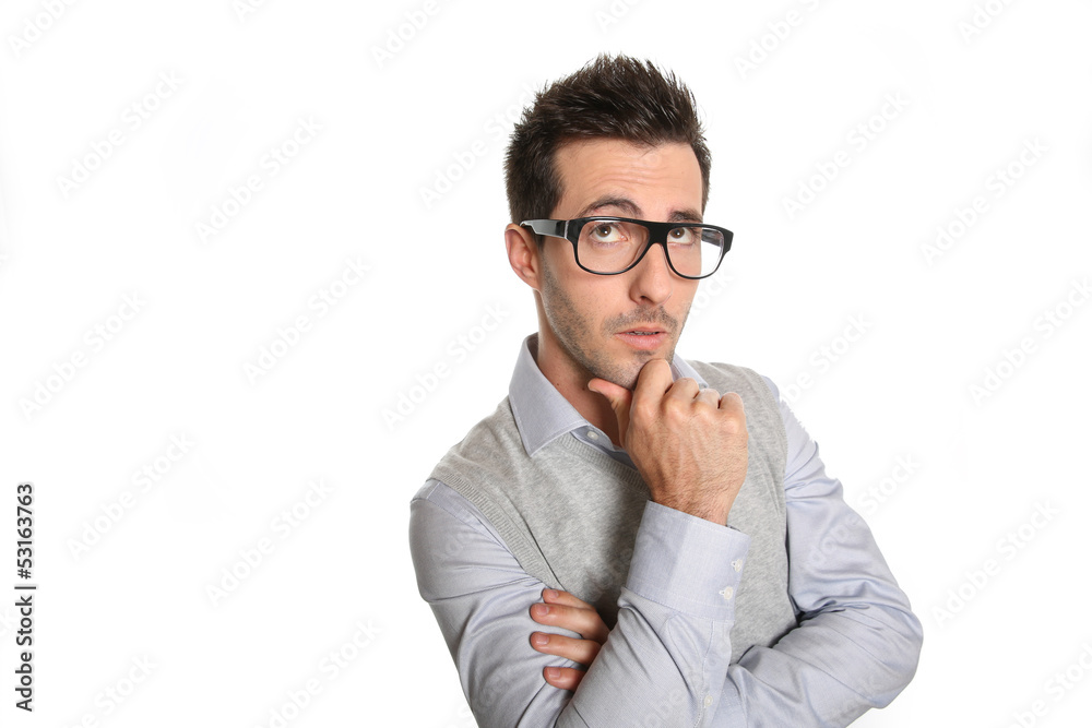 Sceptical man with eyeglasses, isolated Sceptical man with eyeglasses, isolated