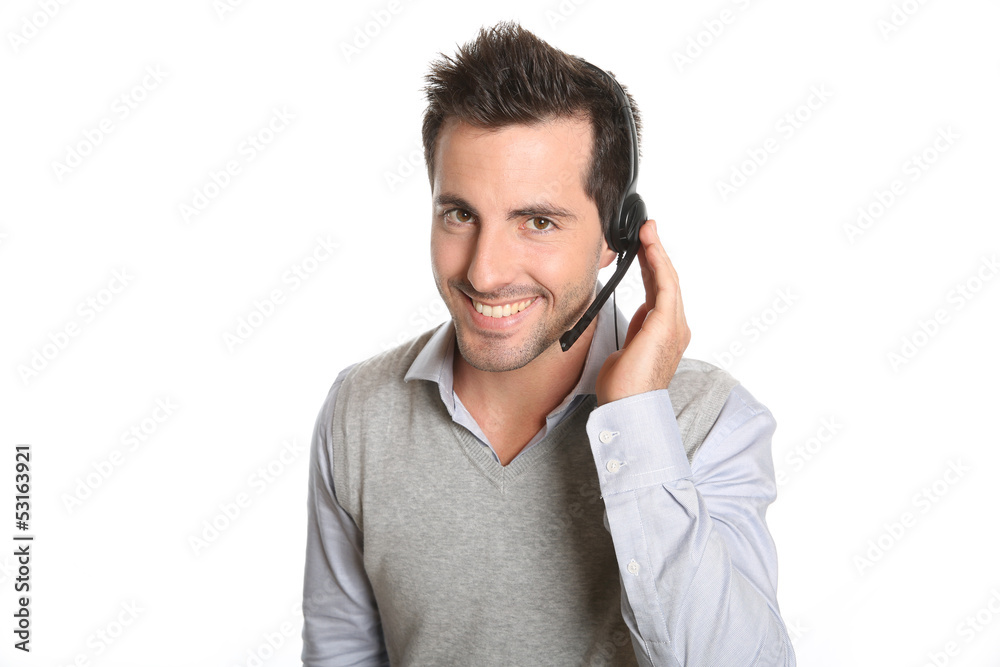 Customer service representative talking on phone Customer service representative talking on phone