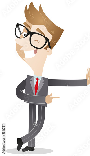 Businessman, leaning against wall, winking, pointing