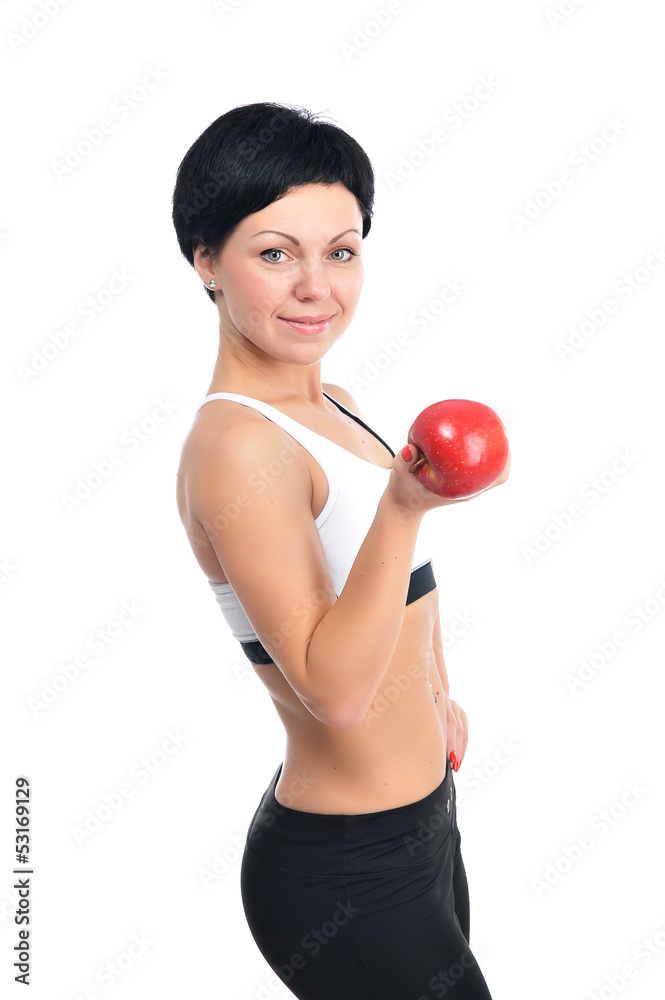 Portrait of young fitness woman with apple Portrait of young fitness woman with apple