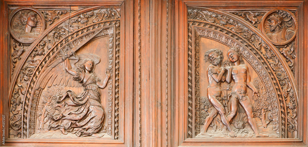 Madrid - Wooden relief expulsion of Adam and Eva
