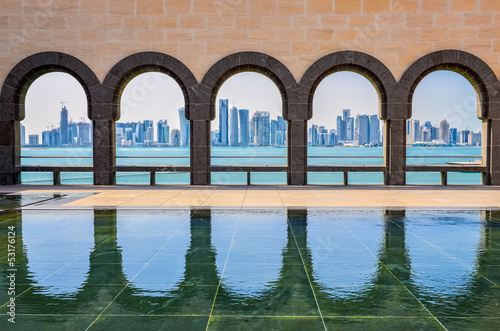 Doha skyline through the arches of the Museum of Islamic art, Do