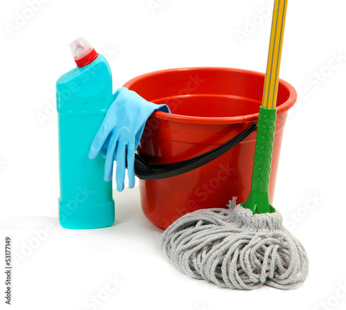 Mop, plastic bucket and rubber gloves, isolated on white