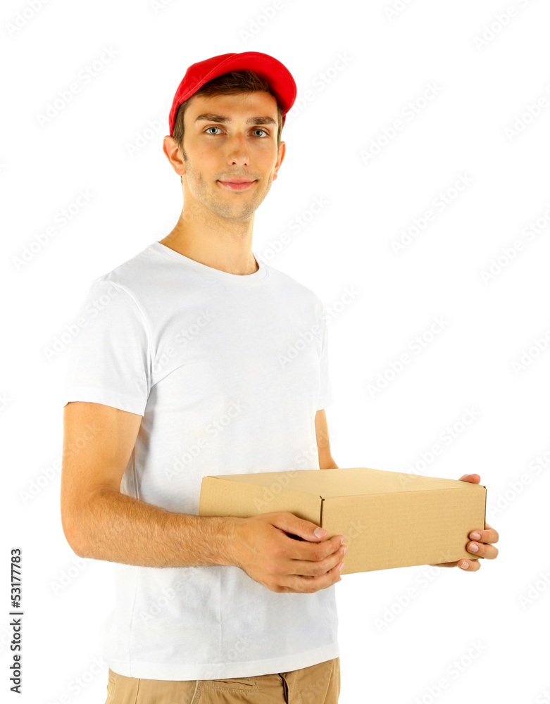 Young delivery man holding parcel, isolated on white