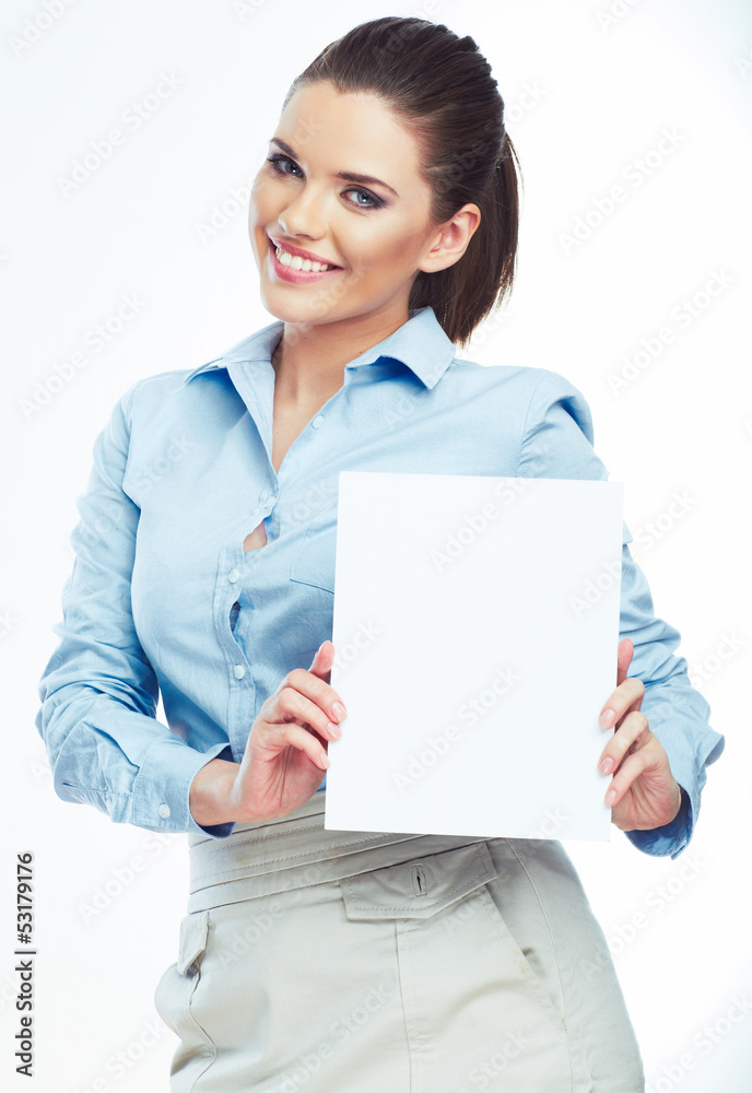Woman hold white paper banner isolated over white background Woman hold white paper banner isolated over white background