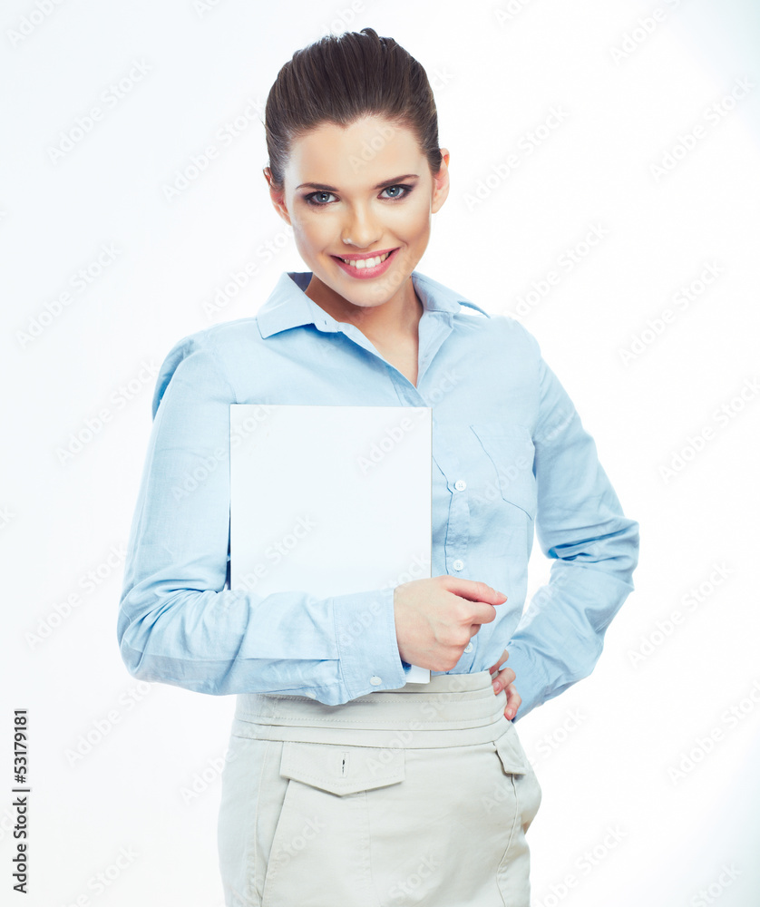 Woman hold white paper banner isolated over white background Woman hold white paper banner isolated over white background