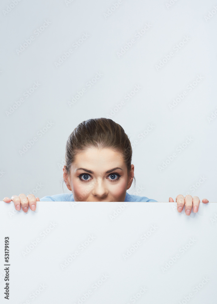 Business woman face looking out white banner. Business woman face looking out white banner.