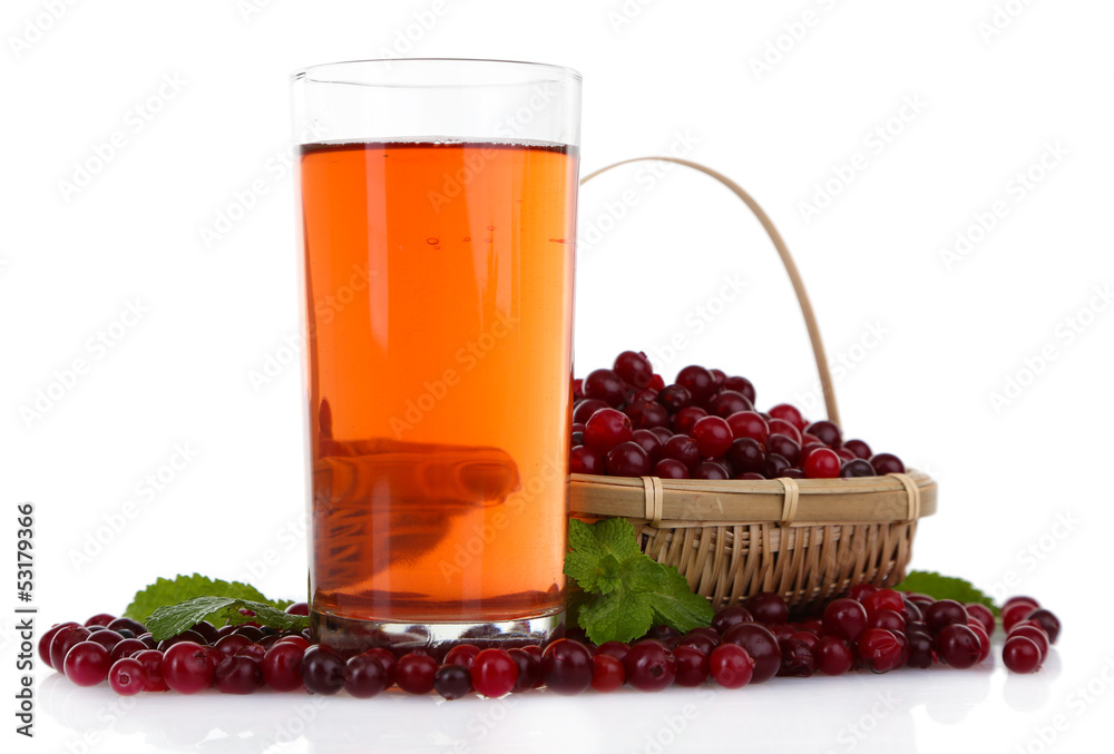 Glass of cranberry juice and ripe red cranberries, isolated Glass of cranberry juice and ripe red cranberries, isolated