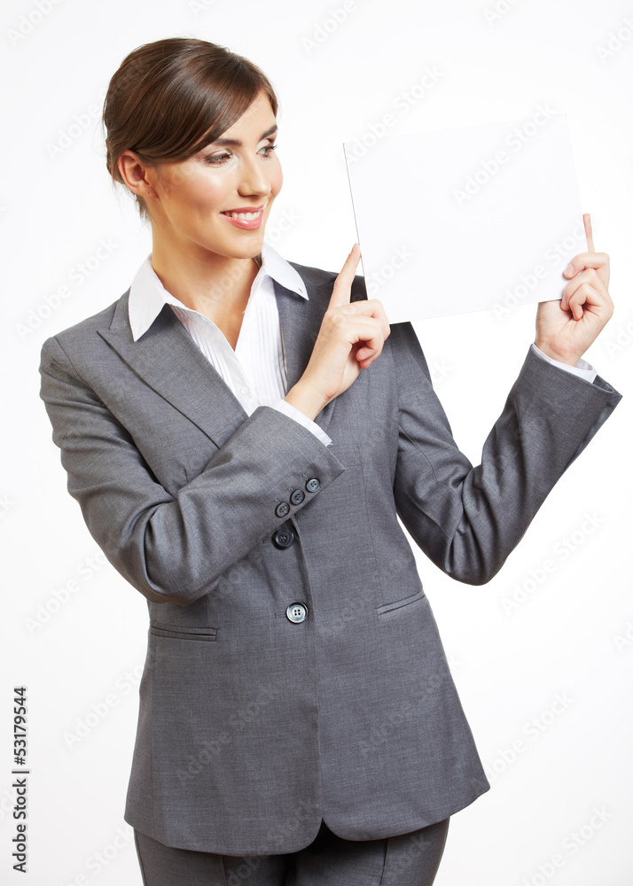 Portrait of smiling business woman with blank board Portrait of smiling business woman with blank board
