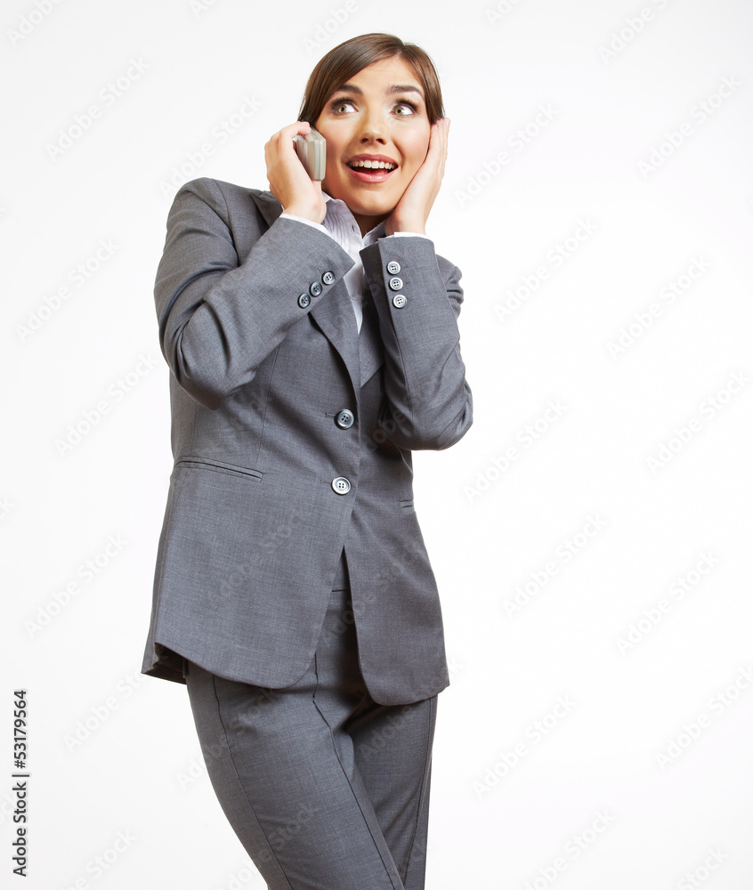 Business woman portrait phone talking. White background isolate Business woman portrait phone talking. White background isolate