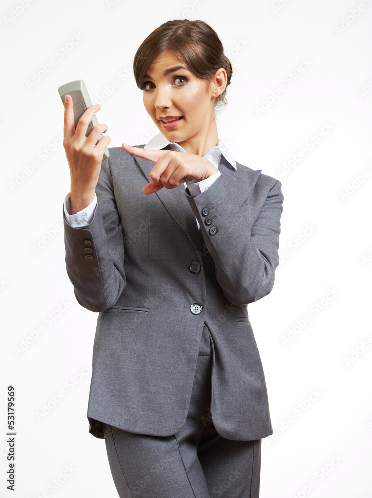 Business woman portrait phone talking. White background isolate Business woman portrait phone talking. White background isolate