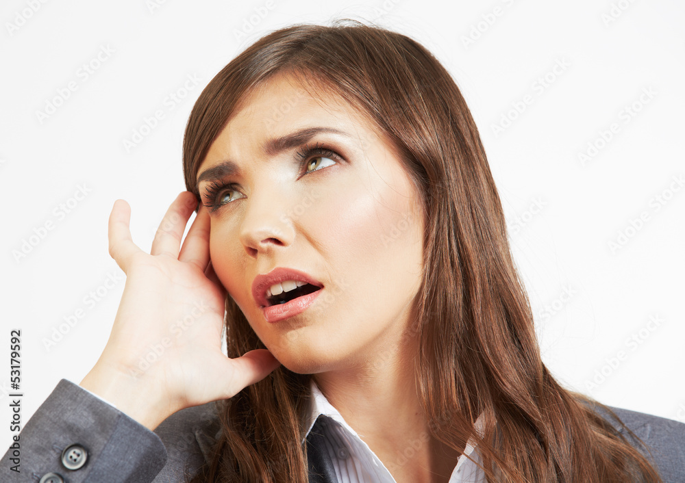 Business woman headache portrait isolated on white Business woman headache portrait isolated on white