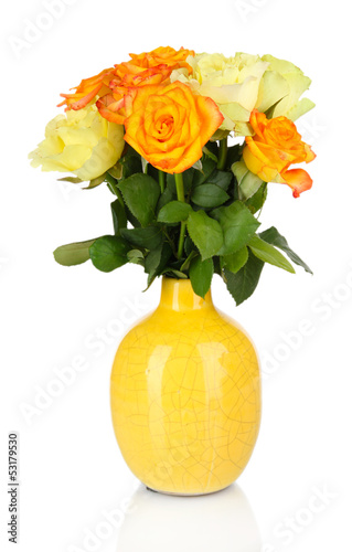 Beautiful bouquet of roses in vase isolated on white