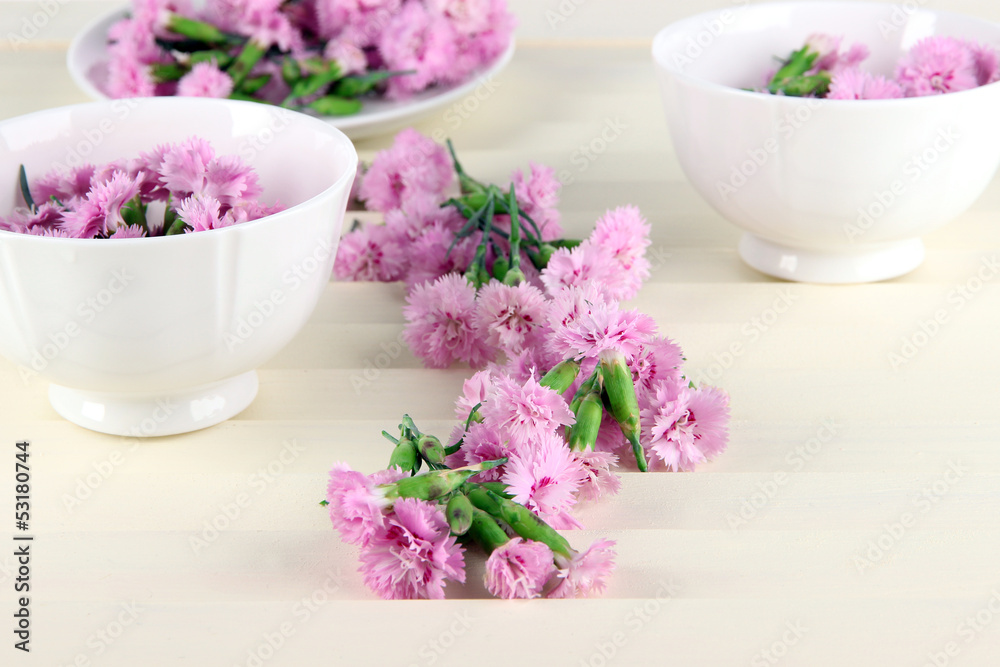 Many small pink cloves in cups on wooden background