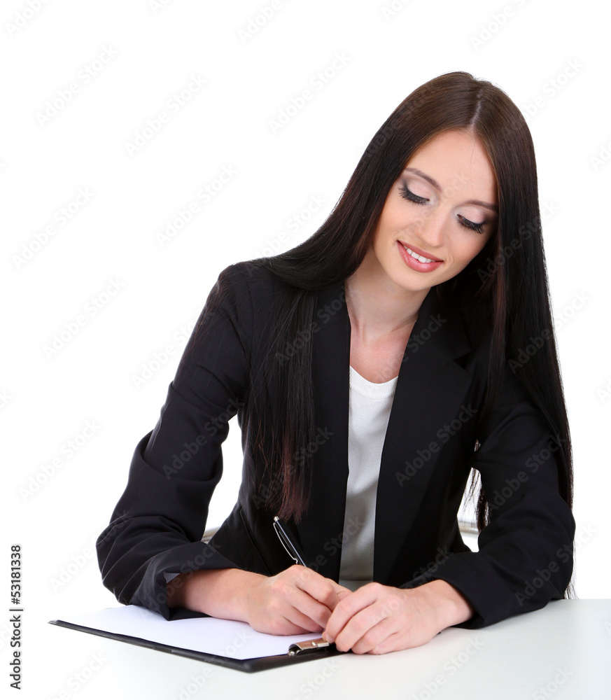Young business woman writing, isolated on white Young business woman writing, isolated on white