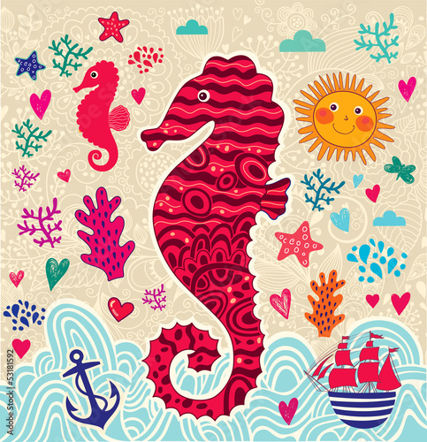 Vector cartoon marine illustration with seahorse