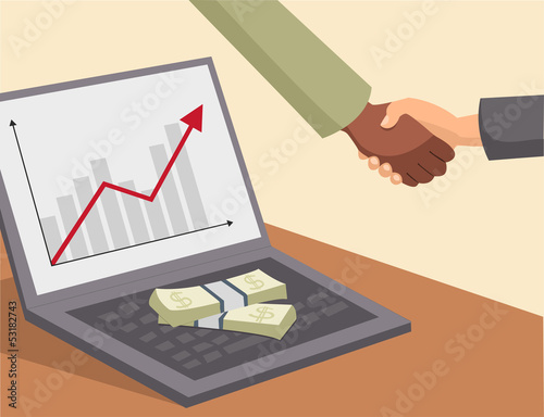 handshake and money on laptop