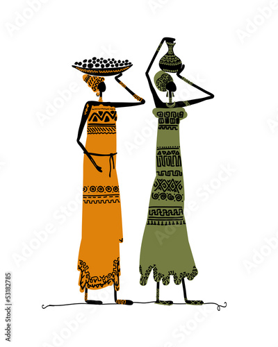 Hand drawn sketch of ethnic women with jugs