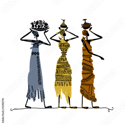 Hand drawn sketch of ethnic women with jugs