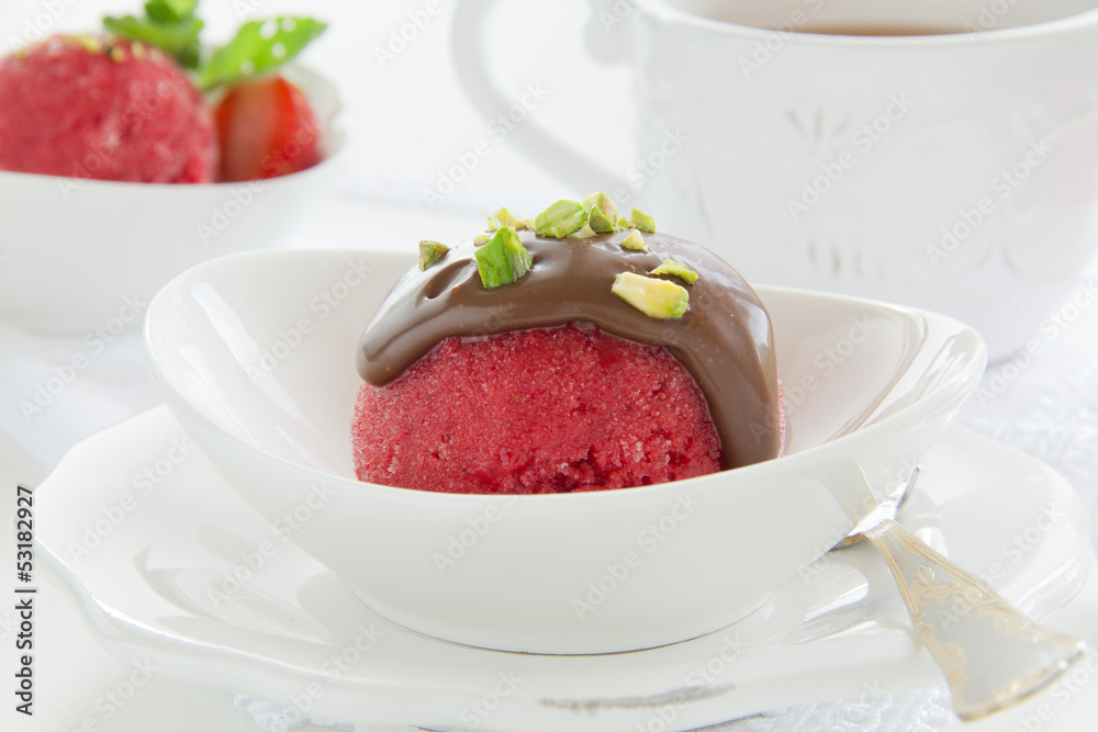 Strawberry sorbet with chocolate and pistachios. Strawberry sorbet with chocolate and pistachios.