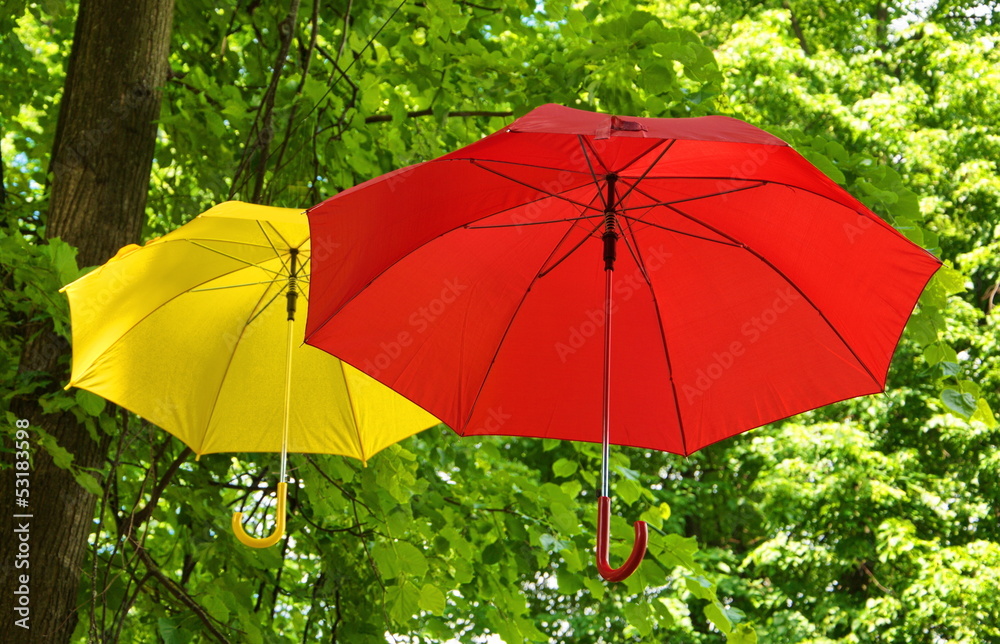 Yellow and red umbrellas on background of green leaves