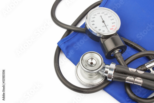 Manometer and stethoscope on white background, medical