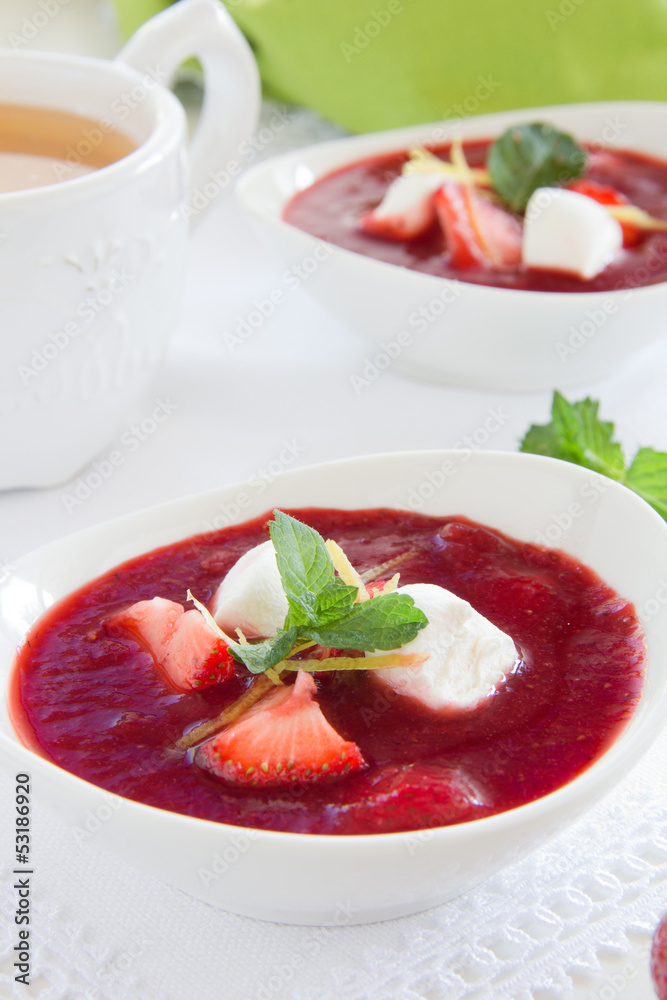 Dessert. Strawberry soup with cream. Dessert. Strawberry soup with cream.