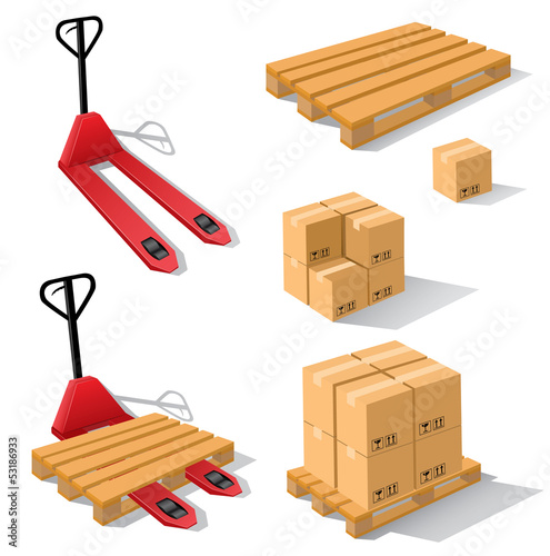 Hand forklift with pallets and boxes