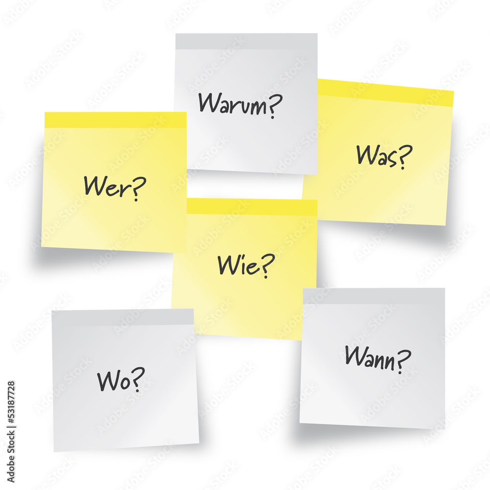 W-Fragen, wer, wie, was, wo, wann, warum, Analyse, gelb W-Fragen, wer, wie, was, wo, wann, warum, Analyse, gelb