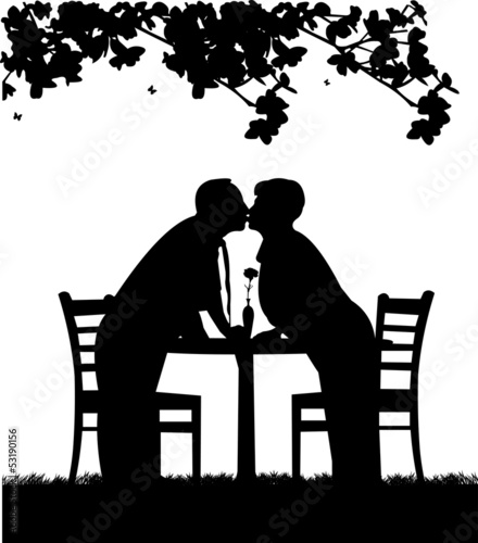 Silhouette of  lovely retired elderly couple who kiss
