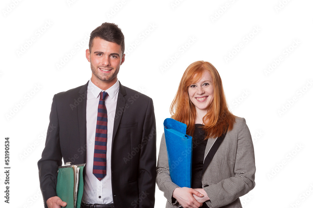 Happy business couple with folders - isolated on white Happy business couple with folders - isolated on white