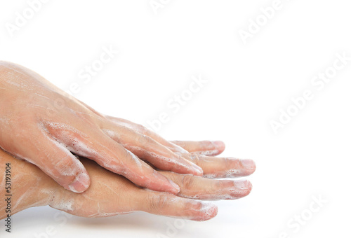 man washing hands on white with clipping path