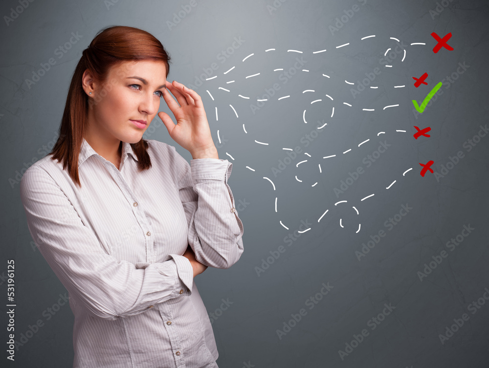 Young woman choosing between right and wrong signs
