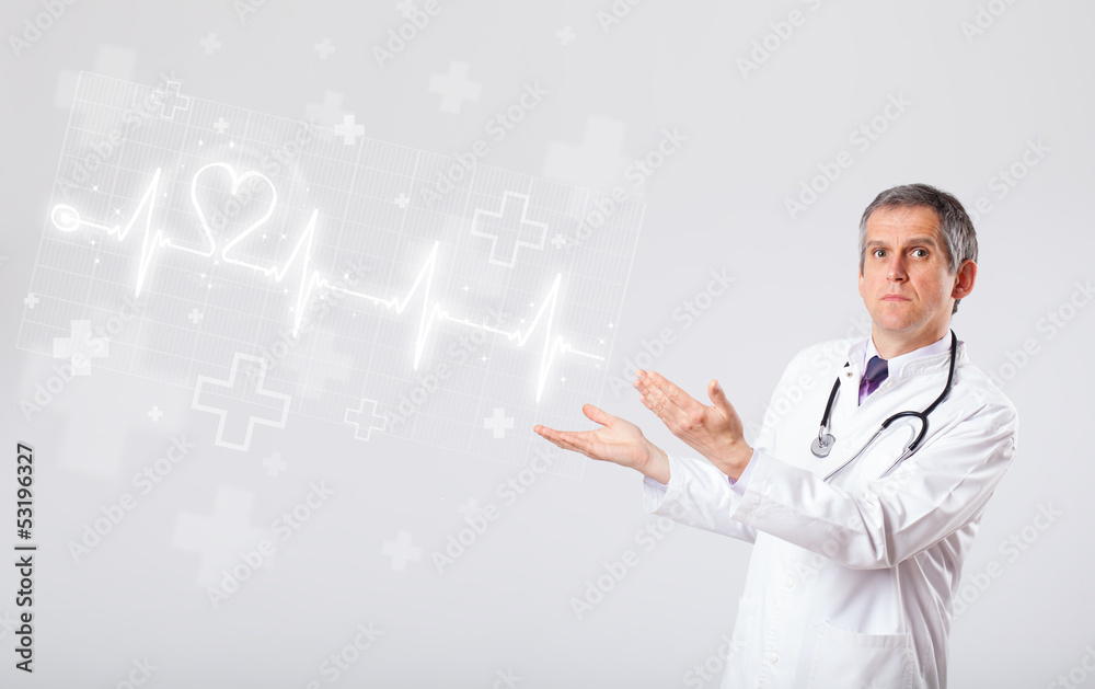 Doctor examinates heartbeat with abstract heart Doctor examinates heartbeat with abstract heart