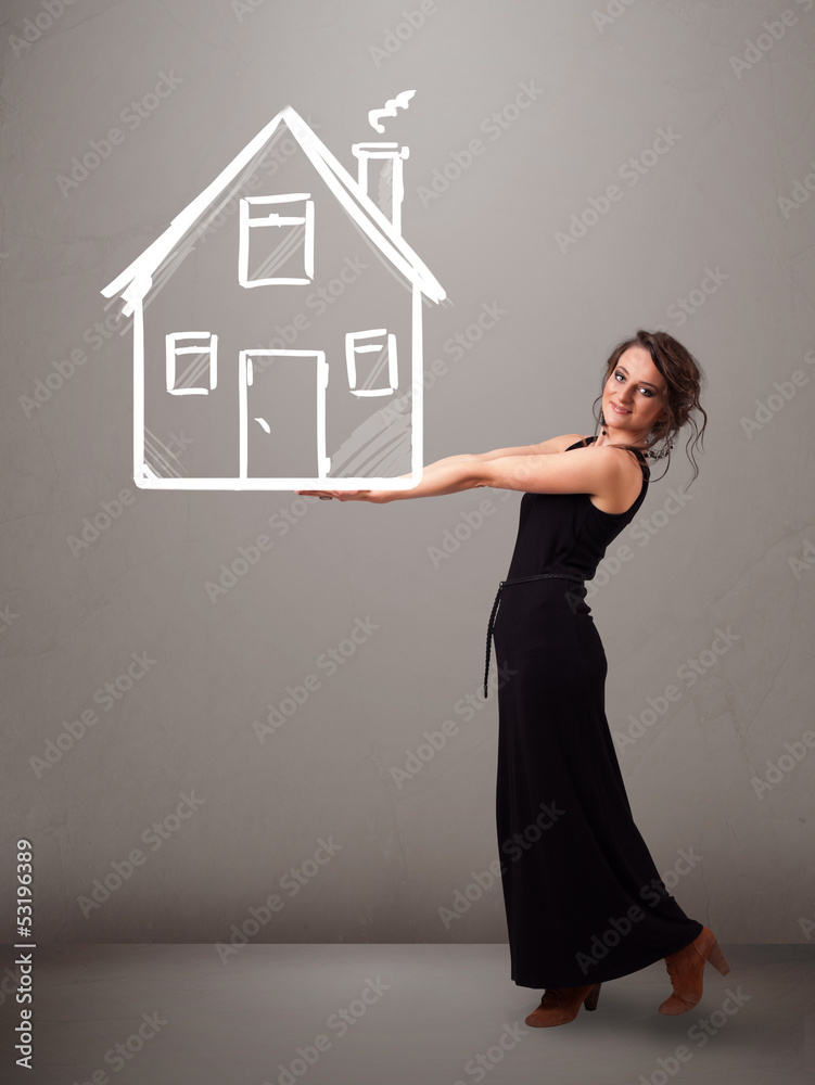 Young lady holding a huge drawn house Young lady holding a huge drawn house