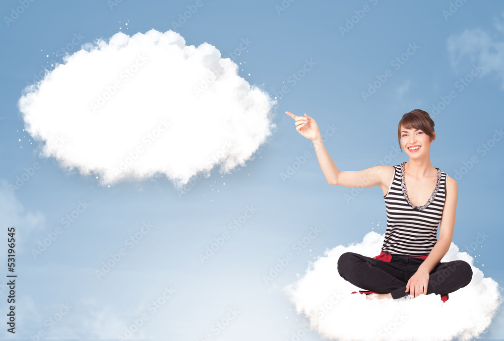 Young girl sitting on cloud and thinking of abstract speech bubb Young girl sitting on cloud and thinking of abstract speech bubb