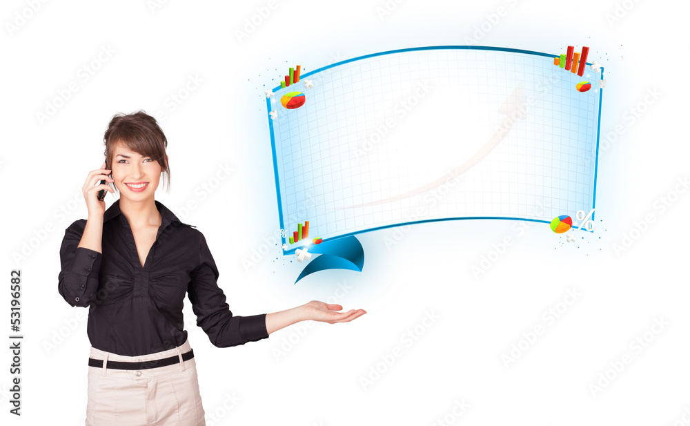 Young woman presenting abstract copy space with graphs and diagr