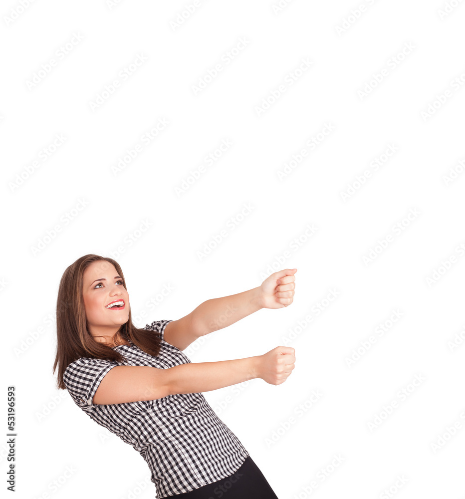 Young lady gesturing with copy space Young lady gesturing with copy space