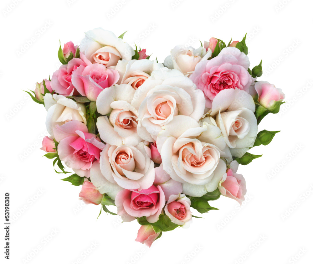 Fototapeta premium Kształt serca kwiaty róże na białym tle.