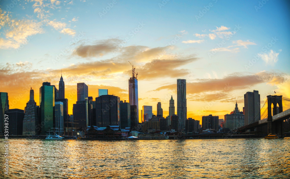 New York City cityscape at sunset
