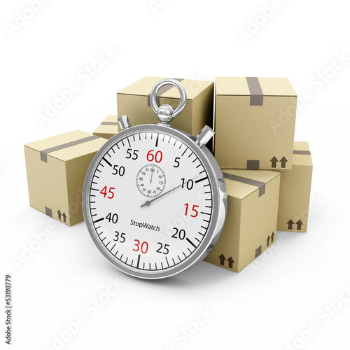 Cardboard Boxes with a Stopwatch on white background