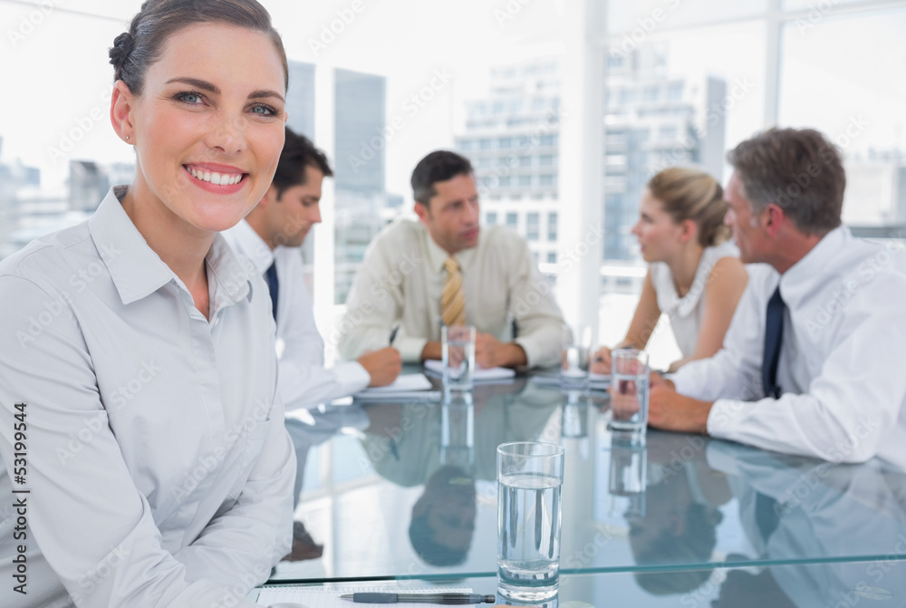 Smiling brunette businesswoman in a meeting Smiling brunette businesswoman in a meeting
