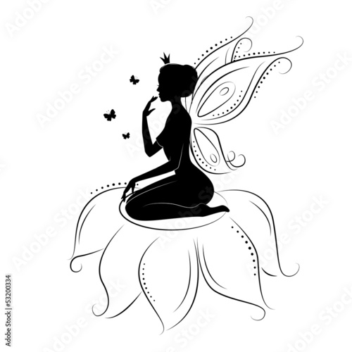 Silhouette of a beautiful fairy  on flowers.