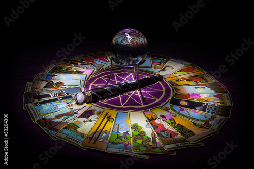 Tarot card reading with crystal ball.