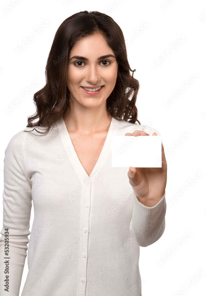 Happy young woman with business card on white Happy young woman with business card on white