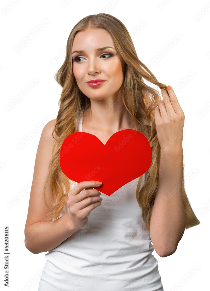 Woman holding Valentines Day heart sign with copy space Woman holding Valentines Day heart sign with copy space