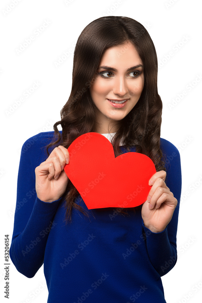 Young woman holding Valentines Day heart sign with copy space Young woman holding Valentines Day heart sign with copy space