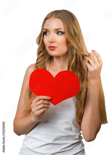 Young beautiful woman holding heart symbol Valentine s Day