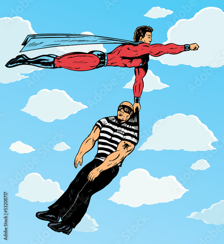 Superhero capturing villain.