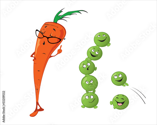 Funny cute vegetables - Carrot, Peas
